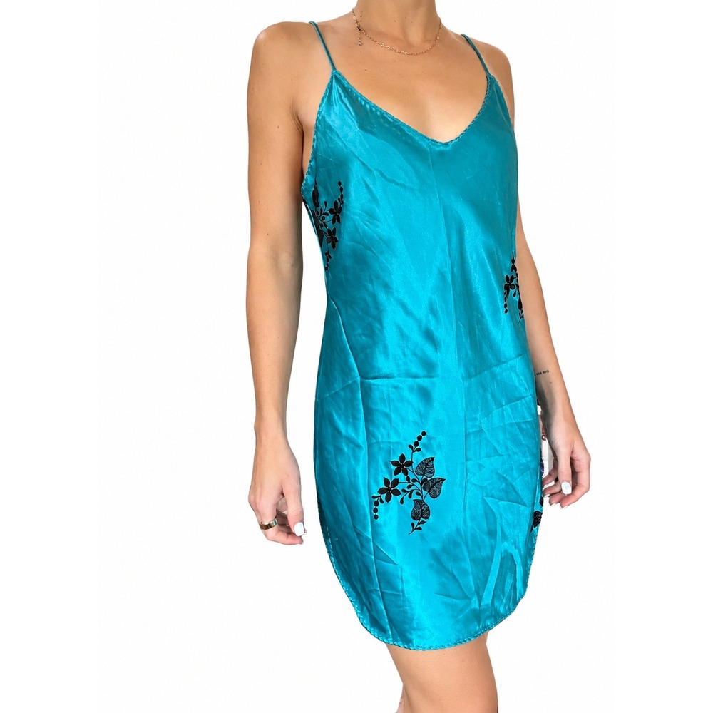 Vintage Sabrina by Mervyns Blue Satin Floral Embroidered Slip Dress